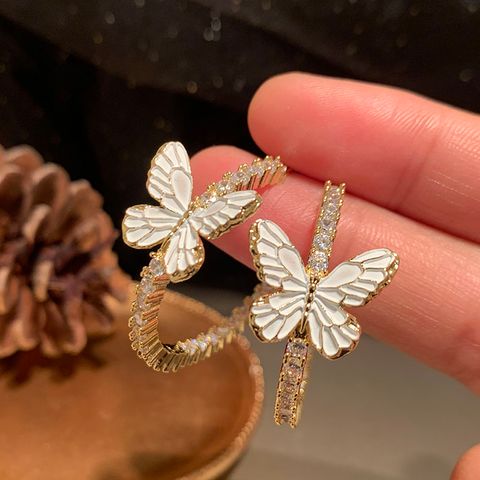 1 Pair Sweet Shiny Butterfly Enamel Inlay Mixed Materials Metal Brass Zircon 14K Gold Plated Ear Studs