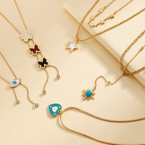 304 Stainless Steel French Style Simple Style Inlay Heart Shape Butterfly Turquoise Shell Zircon Pendant Necklace