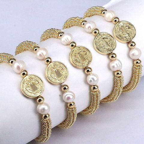 Copper 18K Gold Plated Elegant Vintage Style Lady Plating Inlay Round Artificial Pearls Bracelets