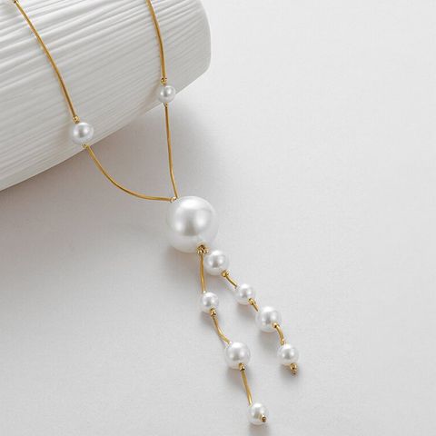 201 Stainless Steel Gold Plated Classic Style Pearl Round Long Necklace