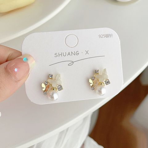 1 Pair Sweet Flower Plating Inlay Alloy Artificial Pearls Artificial Diamond Ear Studs