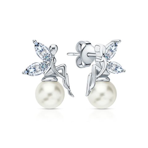 1 Par Elegante Mariposa Embutido Plata Esterlina Perlas Artificiales Circón Blanco Oro Plateado Pendientes