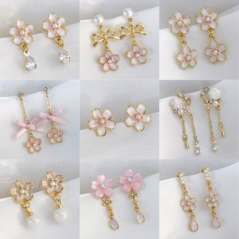 1 Pair Sweet Simple Style Flower Inlay Alloy Alloy Pearl Drop Earrings