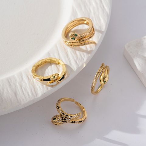 Brass Gold Plated Retro Vintage Style Wedding Plating Inlay Semicircle Round Colorful Zircon Rings