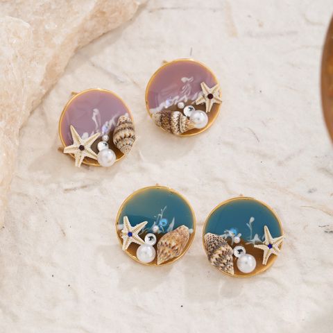1 Pair Beach Starfish Conch Enamel Copper Artificial Pearls 18K Gold Plated Ear Studs