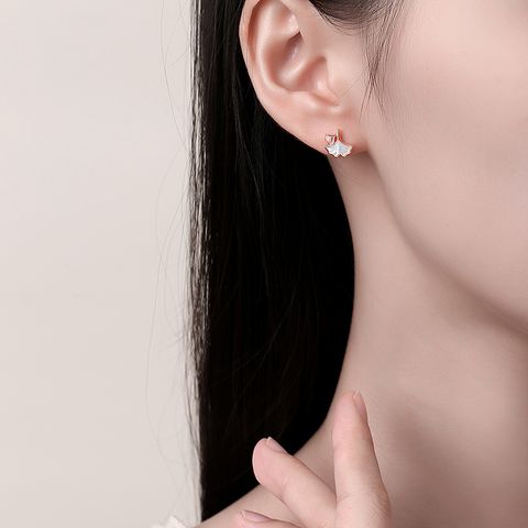 1 Pair IG Style Elegant Korean Style Ginkgo Leaf Inlay Sterling Silver White Shell Zircon Ear Studs