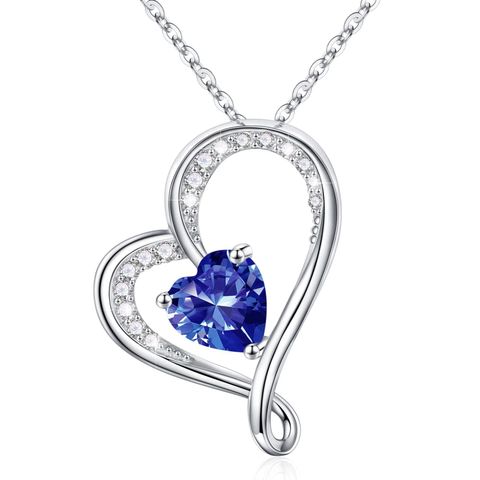 Sterling Silver IG Style Sweet Hollow Out Inlay Heart Shape Birthstone Zircon Pendant Necklace