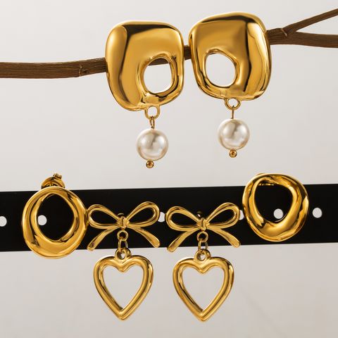 1 Pair Vintage Style Classic Style Geometric Heart Shape Bow Knot Pearl Hollow Out 304 Stainless Steel 14K Gold Plated Drop Earrings