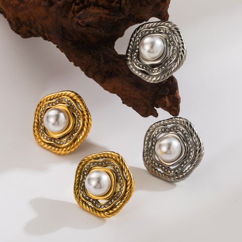 1 Piece IG Style Simple Style Round Flower Inlay 304 Stainless Steel Artificial Pearls Zircon 18K Gold Plated Ear Studs