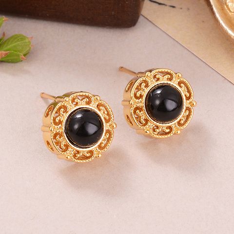 1 Pair Elegant Vintage Style Flower Hollow Out Inlay Copper Natural Stone Ear Studs