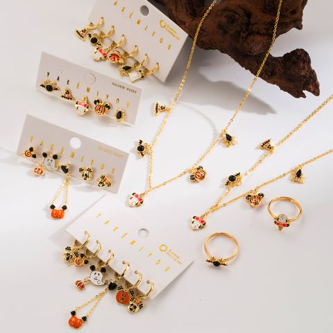 Copper 14K Gold Plated Sweet Enamel Inlay Pumpkin Cartoon Ghost Artificial Pearls Zircon Bracelets Earrings Necklace