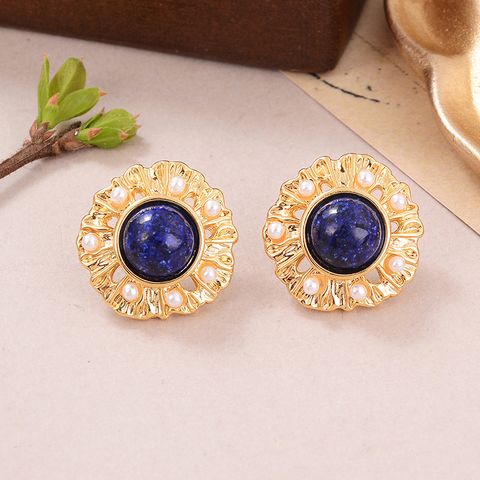 1 Pair Simple Style Oval Inlay Alloy Artificial Pearls Natural Stone 18K Gold Plated Ear Studs