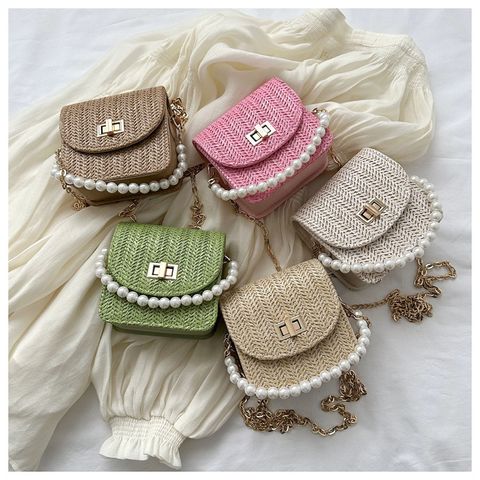 Women's Mini Straw Solid Color Elegant Pearls Lock Clasp Straw Bag