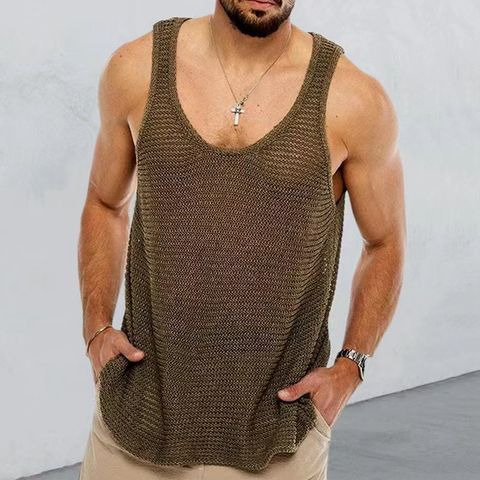 Men's Solid Color Casual U Neck Sleeveless Loose Men's Tops