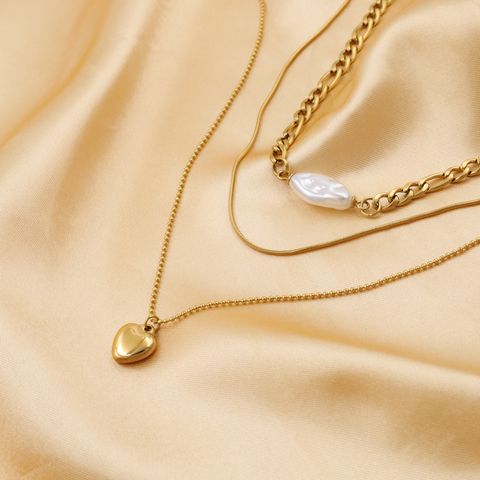 Edelstahl 304 18 Karat Vergoldet IG-Stil Herzform Dreilagige Halskette