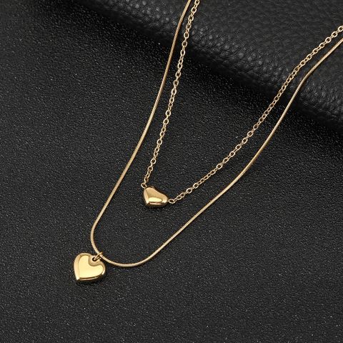 Simple Style Heart Shape Titanium Steel Inlaid Gold Women's Layered Necklaces