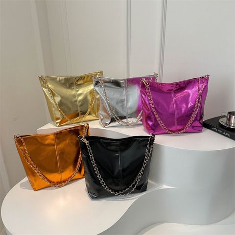 Women's Large Pu Leather Solid Color Basic Classic Style Zipper Bucket Bag
