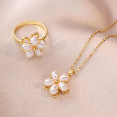 Titanium Steel Copper Simple Style Classic Style Inlay Flower Pearl Rings Necklace
