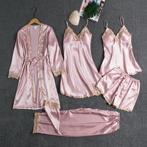 Home Daily Women's Luxurious Solid Color Imitated Silk Polyester Pajama Sets