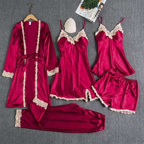 Home Daily Women's Luxurious Solid Color Imitated Silk Polyester Pajama Sets