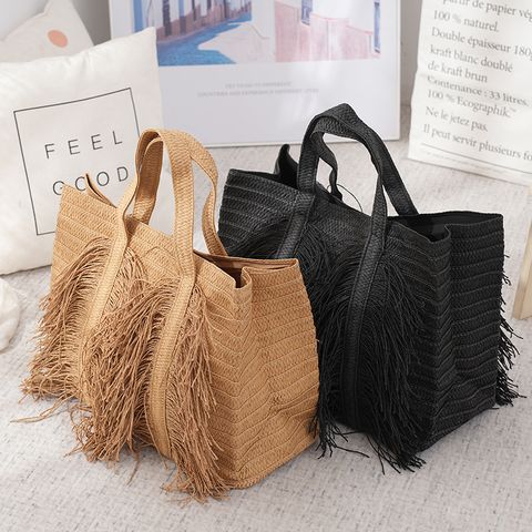 Women's Medium Cotton Rope Solid Color Vacation Beach Weave Magnetic Buckle Straw Bag
