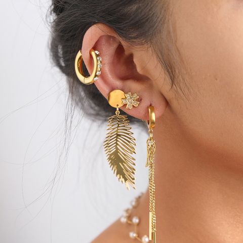 1 Pair Elegant Classic Style Feather Wings Flower Tassel Hollow Out Inlay 304 Stainless Steel Zircon 14K Gold Plated Hoop Earrings Drop Earrings Ear Studs