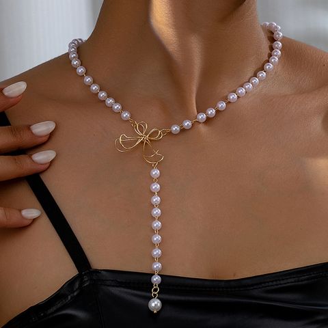 Baroque Style French Style Sweet Bow Knot Imitation Pearl Alloy Plastic Women's Pendant Necklace
