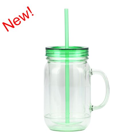European And American Solid Color Plastic Coctail Glass With Handle Wholesale Double Layer Plastic Mason Bottle Daily Tumbler With Straw