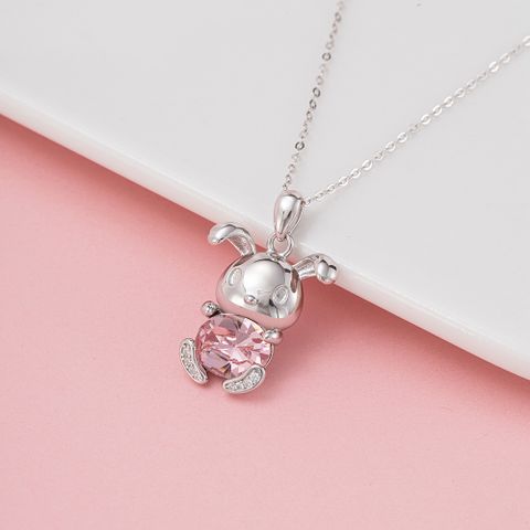 Sterling Silver White Gold Plated Cute Sweet Shiny Handmade Polishing Inlay Rabbit Crystal Zircon Pendant Necklace