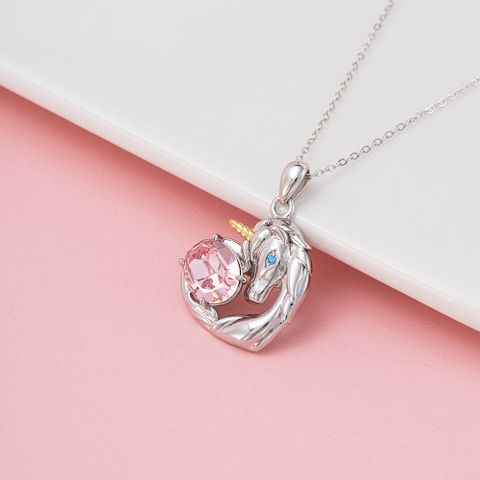Sterling Silver White Gold Plated Cute Shiny Handmade Polishing Inlay Heart Shape Unicorn Crystal Zircon Pendant Necklace