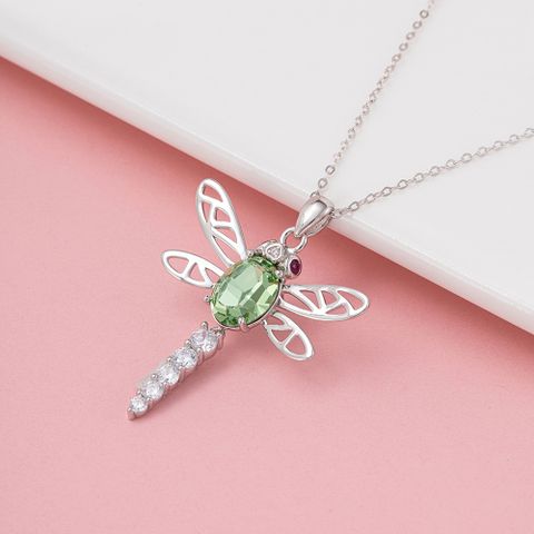 Sterling Silver White Gold Plated IG Style Simple Style Shiny Handmade Polishing Inlay Dragonfly Zircon Pendant Necklace