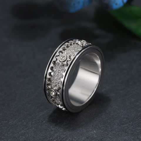 Fitness Hip-Hop Cool Style Gear Sterling Silver Inlay Zircon White Gold Plated Men's Rings Anxiety Ring