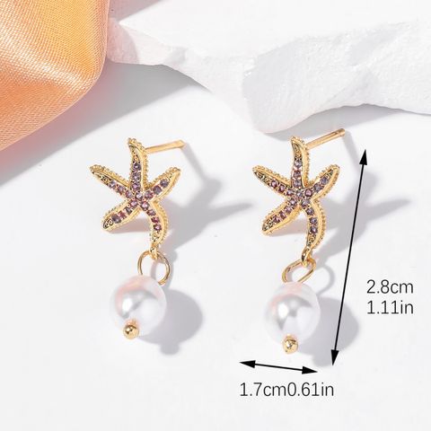 1 Pair Simple Style Classic Style Starfish Plating Copper Artificial Pearls Drop Earrings