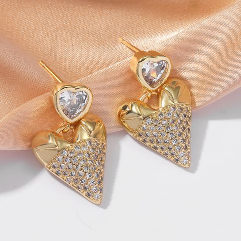 1 Pair Simple Style Commute Heart Shape Inlay Copper Rhinestones Drop Earrings