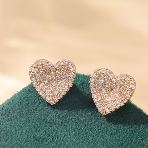 IG Style Heart Shape Plating Inlay Copper Rhinestones Ear Studs