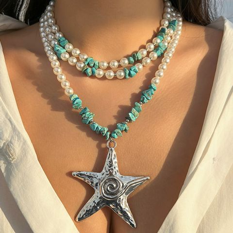 Übertrieben Marine-Stil Stern Imitationsperle Legierung Perlen Frau Dreilagige Halskette