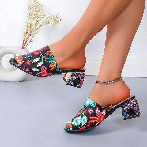 Women's Streetwear Flower Rhinestone Open Toe High Heel Slippers