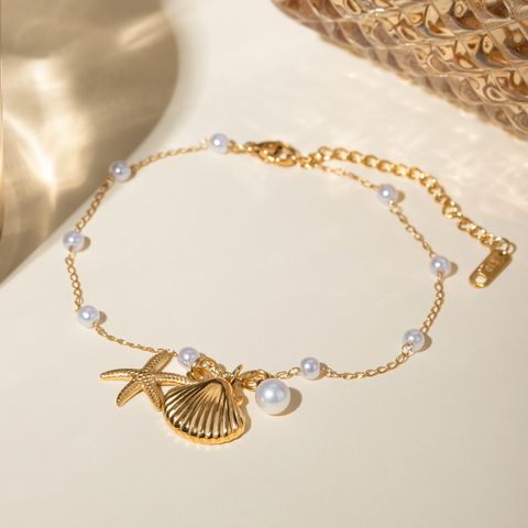 Beach Classic Style Starfish Shell 304 Stainless Steel Plating Inlay Pearl 18K Gold Plated Women's Anklet