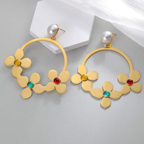 1 Pair Vintage Style Simple Style Color Block Plating Inlay 304 Stainless Steel Glass Stone Pearl 14K Gold Plated Drop Earrings