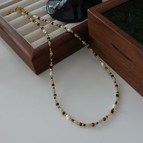 Elegant Retro Printing Beaded Natural Stone Freshwater Pearl Necklace In Bulk