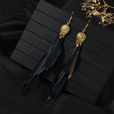 1 Pair Chinoiserie Ethnic Style Classic Style Water Droplets Tassel Alloy Feather Drop Earrings