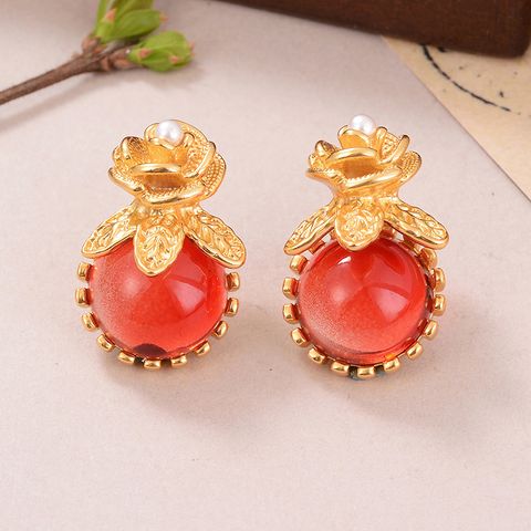 1 Pair Casual Vacation Round Flower Plating Inlay Alloy Artificial Pearls Glass Ear Studs