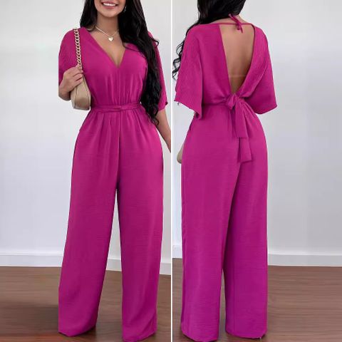Sexy Solid Color Polyester Jumpsuits