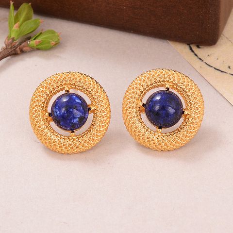 1 Pair Vintage Style Fashion French Style Round Plating Hollow Out Inlay Alloy Tiger Eye Lapis Lazuli Ear Studs