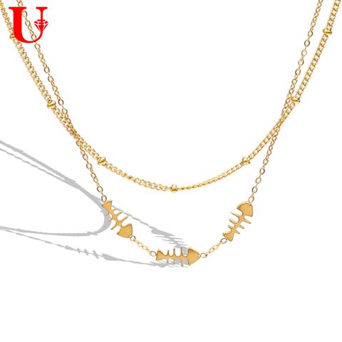 Titanium Steel Modern Style Plating Fish Bone Double Layer Necklaces
