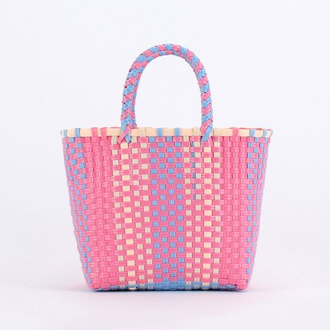 Women's Large Plastic Color Block Beach Classic Style Open Straw Bag