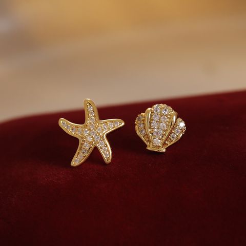 Copper Elegant Starfish Shell Zircon Ear Studs