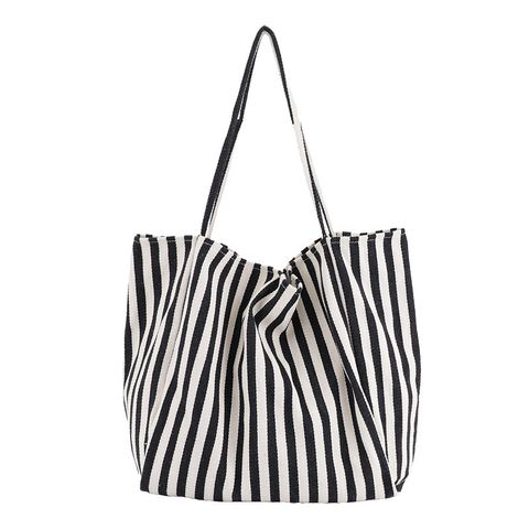 Women's Large Canvas Stripe Basic Classic Style Open Canvas Bag