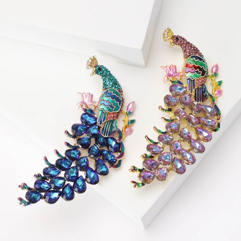 Simple Style Peacock Alloy Enamel Artificial Diamond Women's Brooches