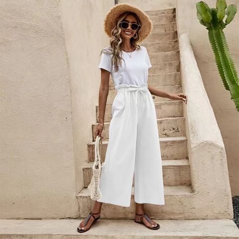 Women's Casual Simple Style Solid Color Ankle-Length Wide Leg Pants